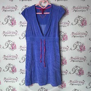 Betsey Johnson dress terry cloth Vneck tie up ribbon cinch purple blue